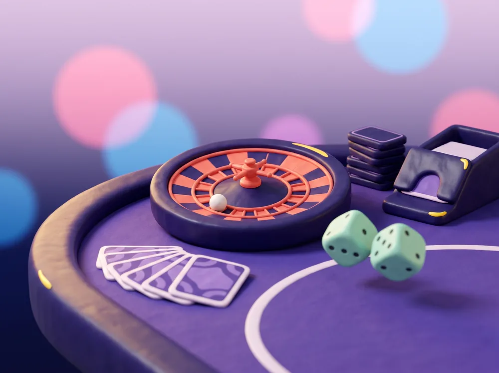 Illustration of table games on violet felt: a small roulette wheel, a fanned hand of face-down cards, two dice and pai gow tiles